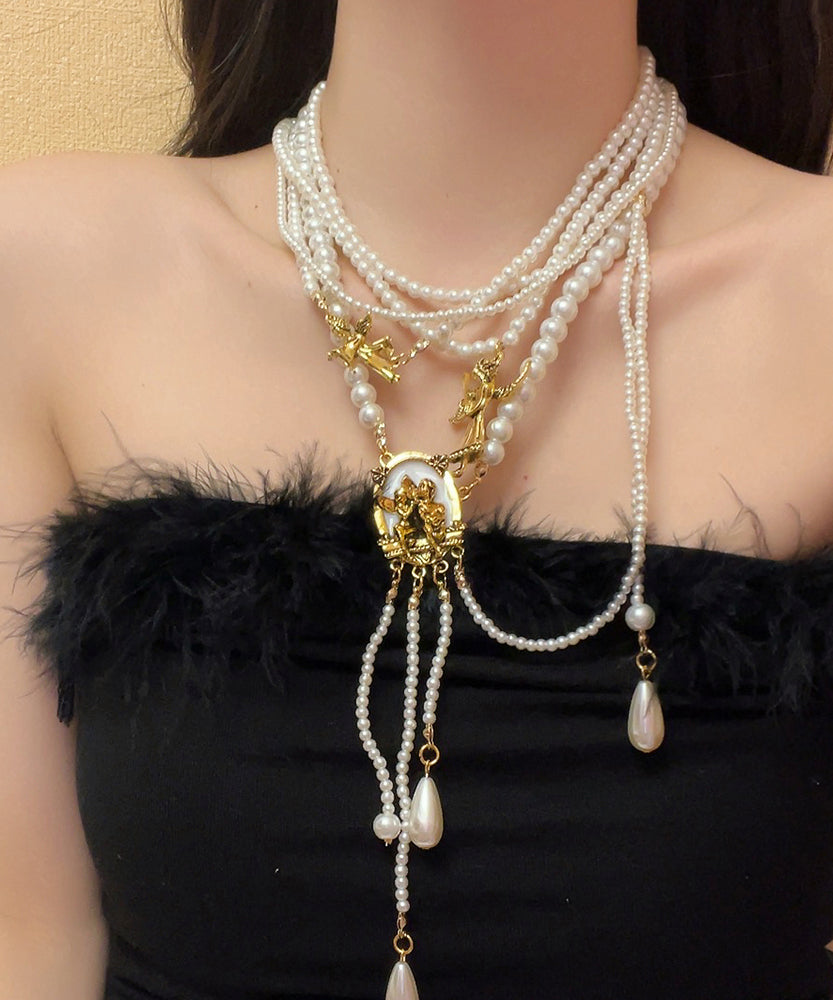 Boutique Gold Alloy Pearl Beading Tassel Pendant Necklace