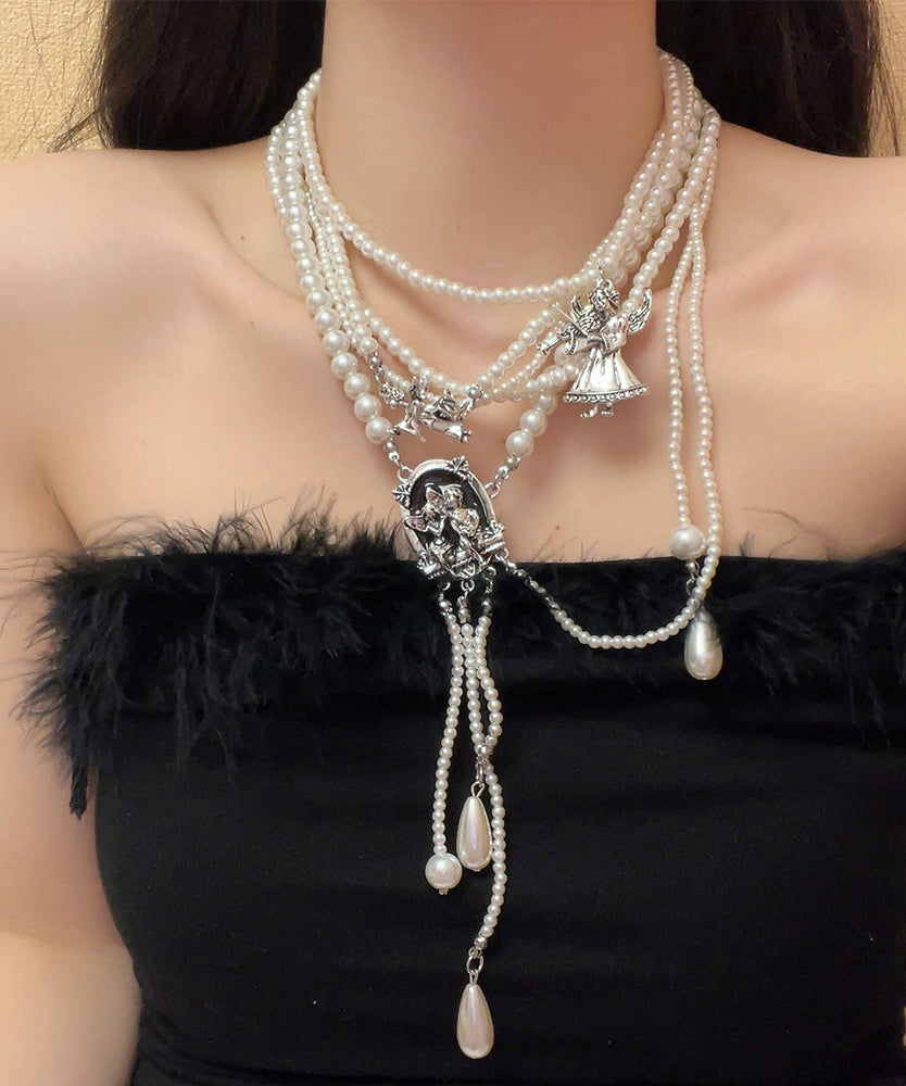 Boutique Gold Alloy Pearl Beading Tassel Pendant Necklace