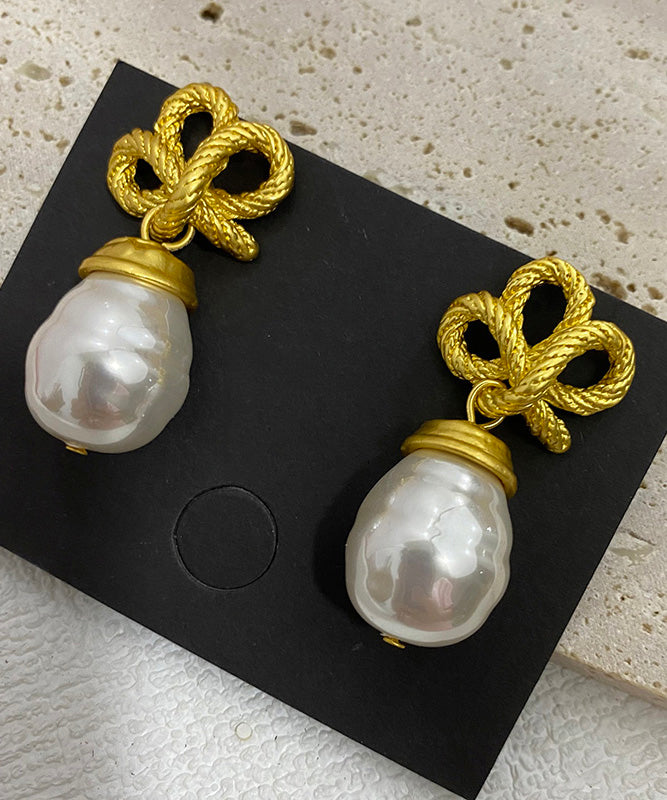 Boutique Gold Sterling Silver Alloy Pearl Bow Drop Earrings