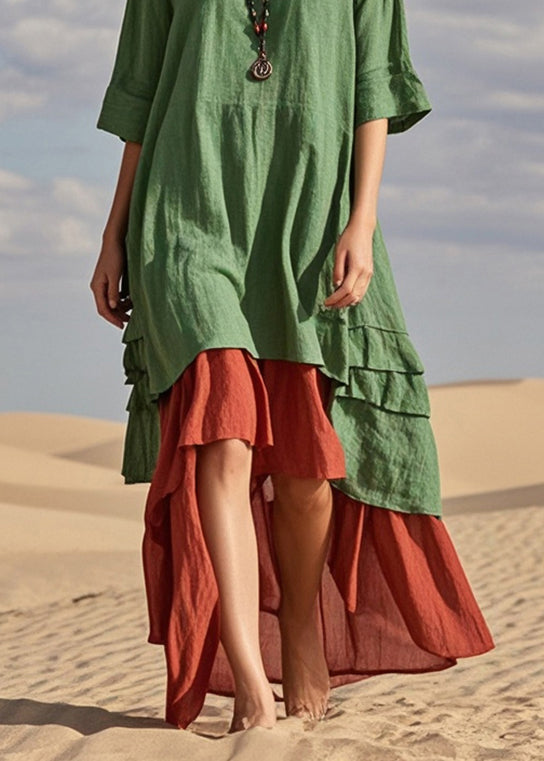 Boutique Green Asymmetrical Fake Two Piece Cotton Robe Dresses Summer