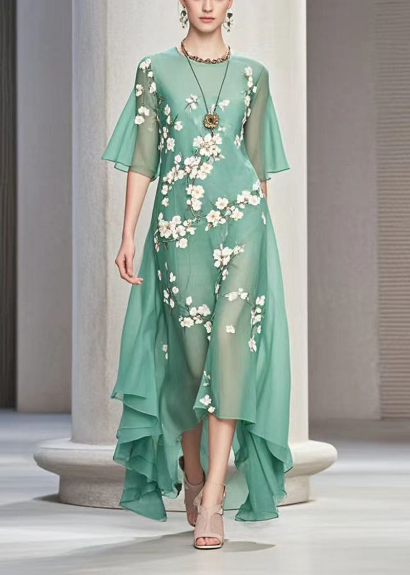 Boutique Green Asymmetrical Print Chiffon Maxi Dress Summer