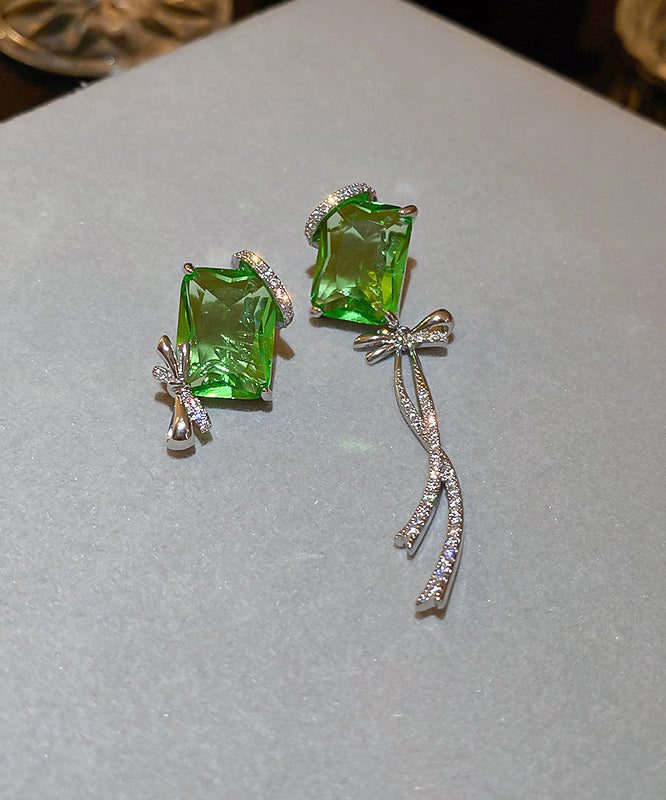 Boutique Green Copper Zircon Asymmetrical Square Bow Drop Earrings