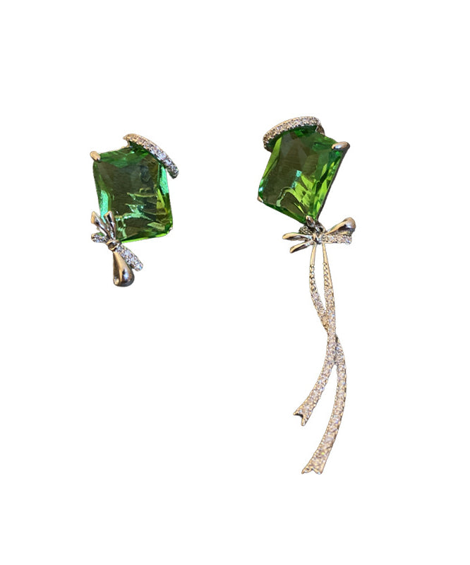 Boutique Green Copper Zircon Asymmetrical Square Bow Drop Earrings