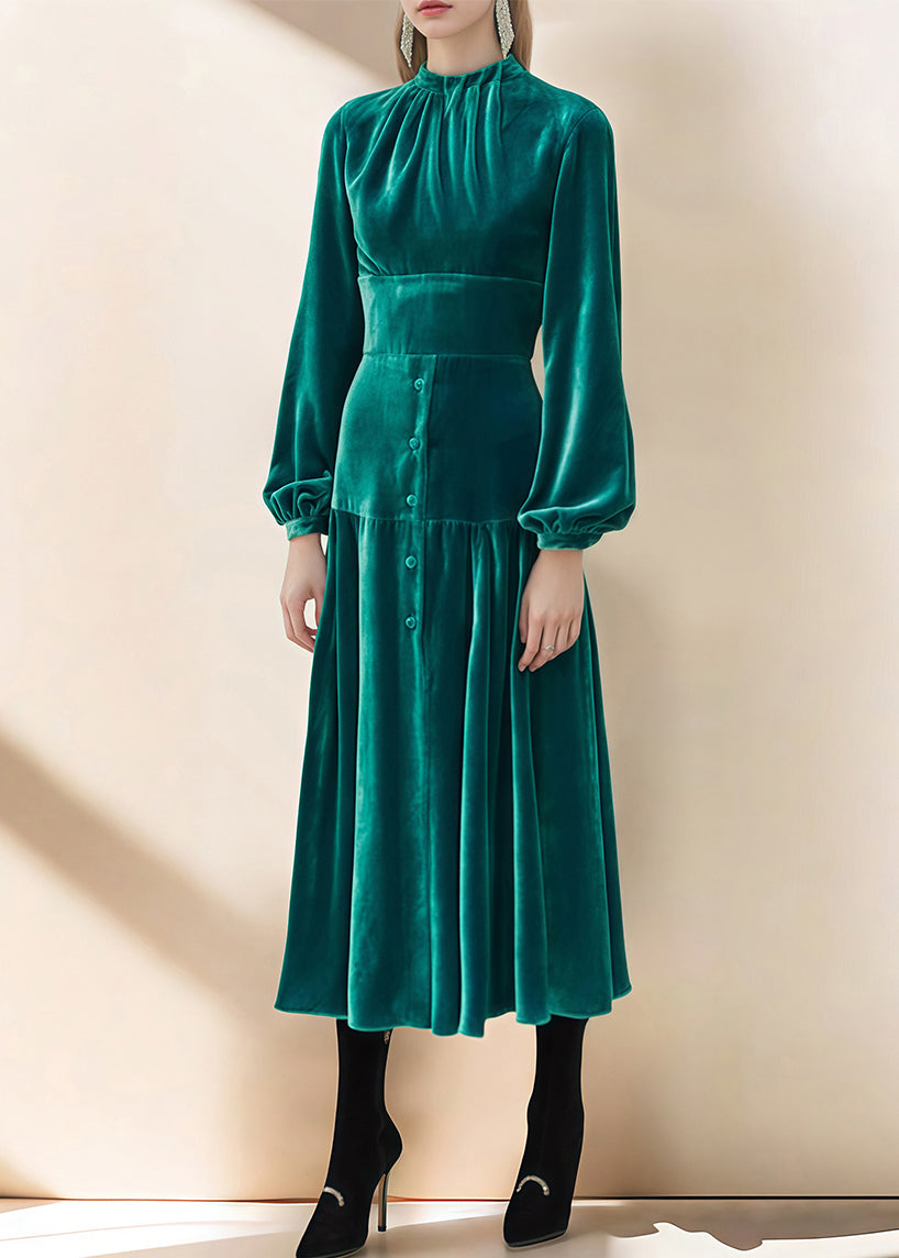 Boutique Green Patchwork Slim Fit Velvet Dresses Fall