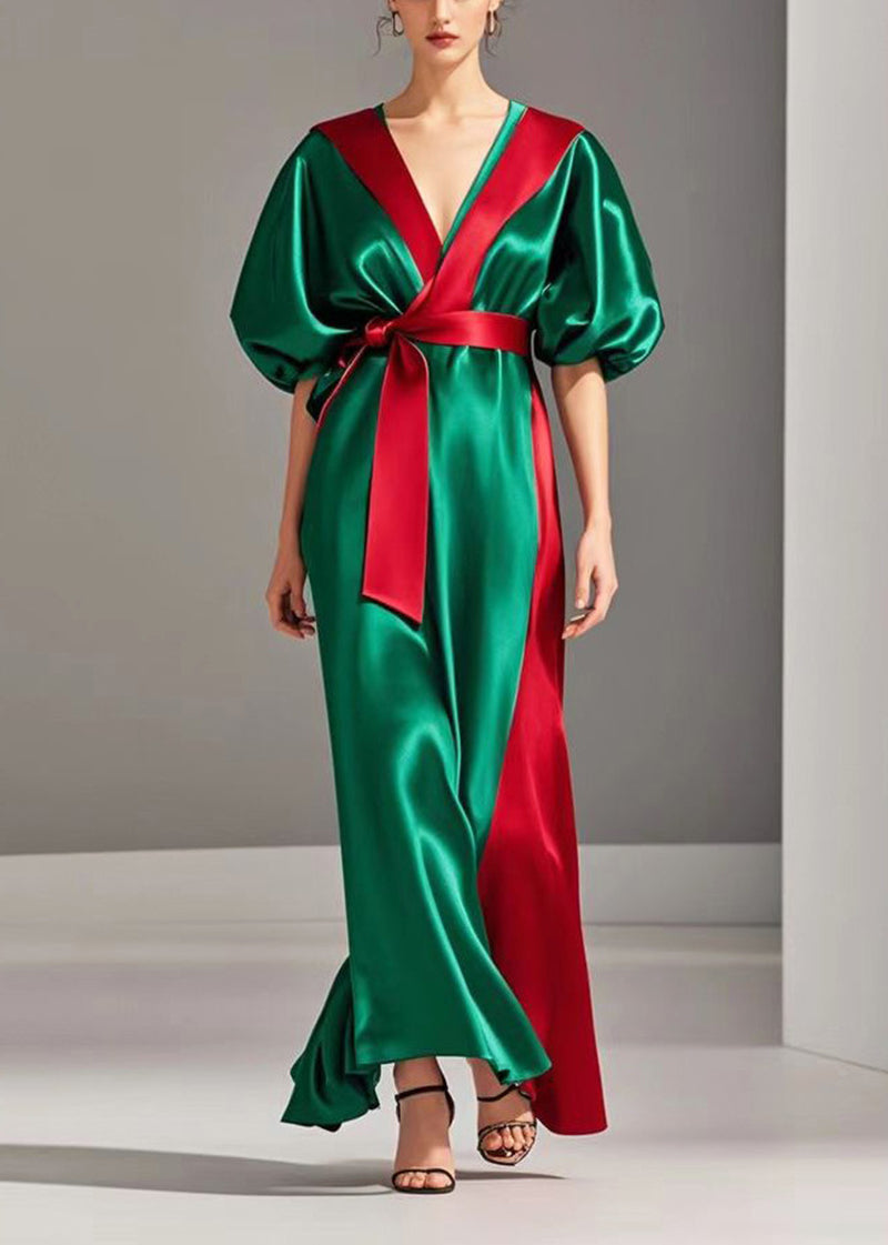 Boutique Green Puff Sleeve Patchwork Silk Robe Cinched Dresses