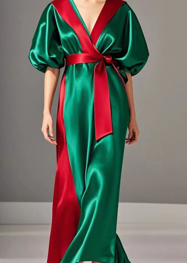 Boutique Green Puff Sleeve Patchwork Silk Robe Cinched Dresses