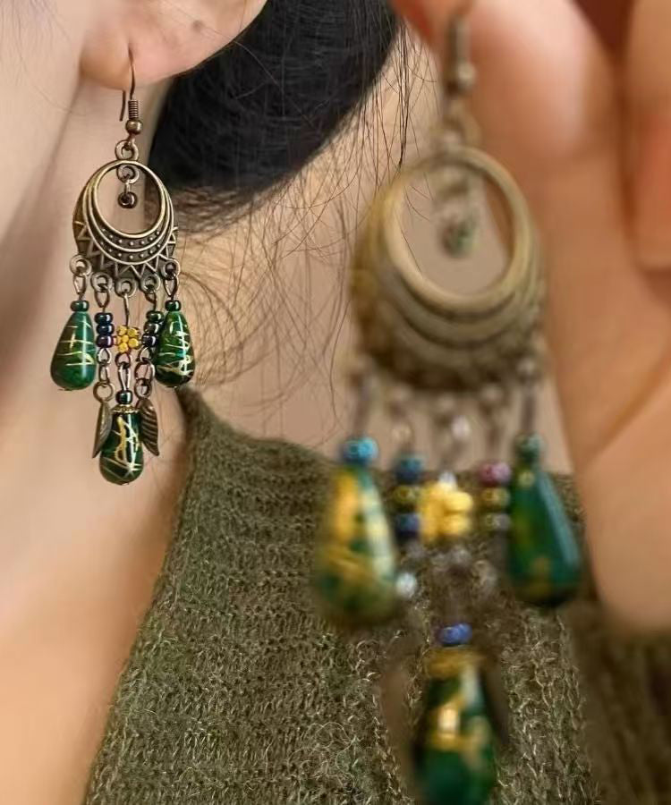 Boutique Green Sterling Silver Bronze Coloure Tassel Drop Earrings