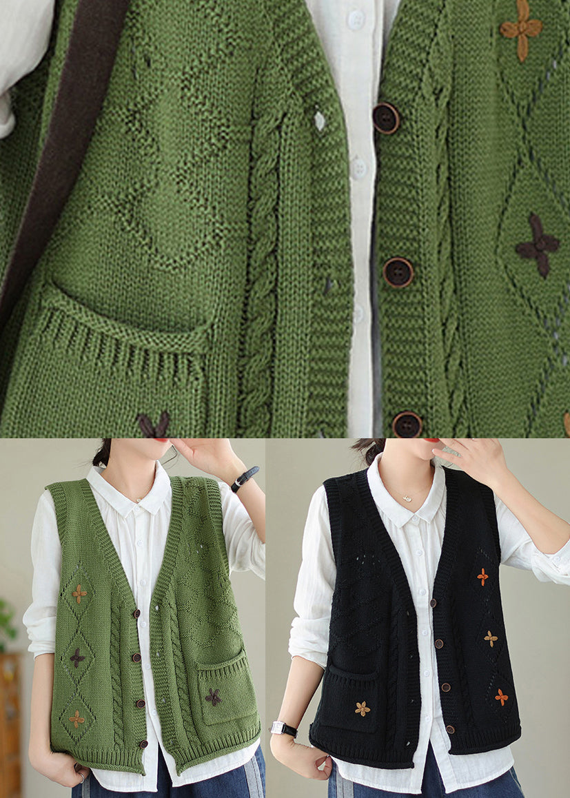 Boutique Green V Neck Embroidered Knit Vest Fall