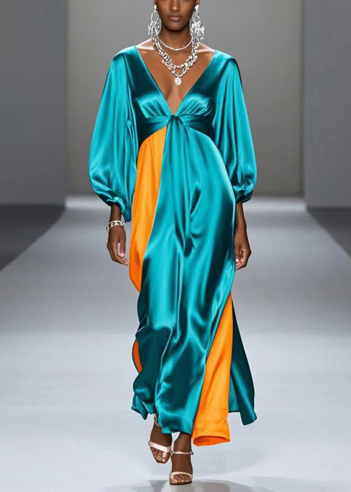 Boutique Green V Neck Patchwork Silk Maxi Dress Fall