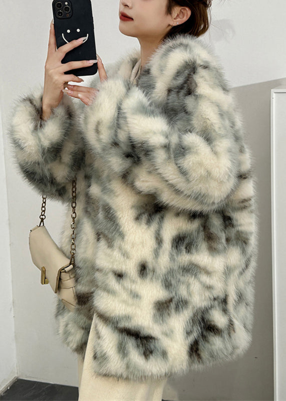 Boutique Green V Neck Print Leather And Fur Coats Winter