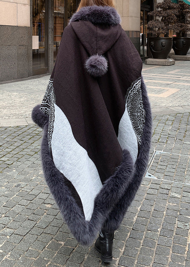 Boutique Handmade Black Hooded Patchwork Faux Fur Shawl