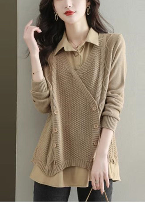 Boutique Khaki Oversized Patchwork Knit Fake Two Piece Tops Fall