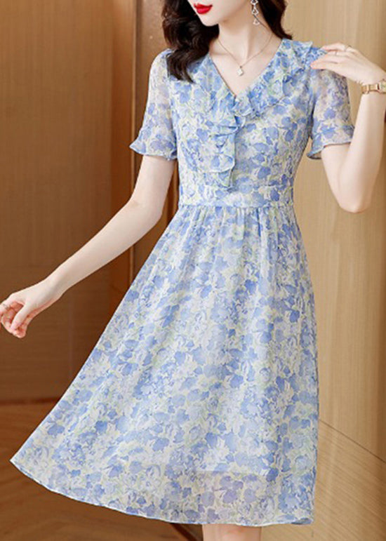 Boutique Light Blue V Neck Ruffled Print Chiffon Dresses Summer