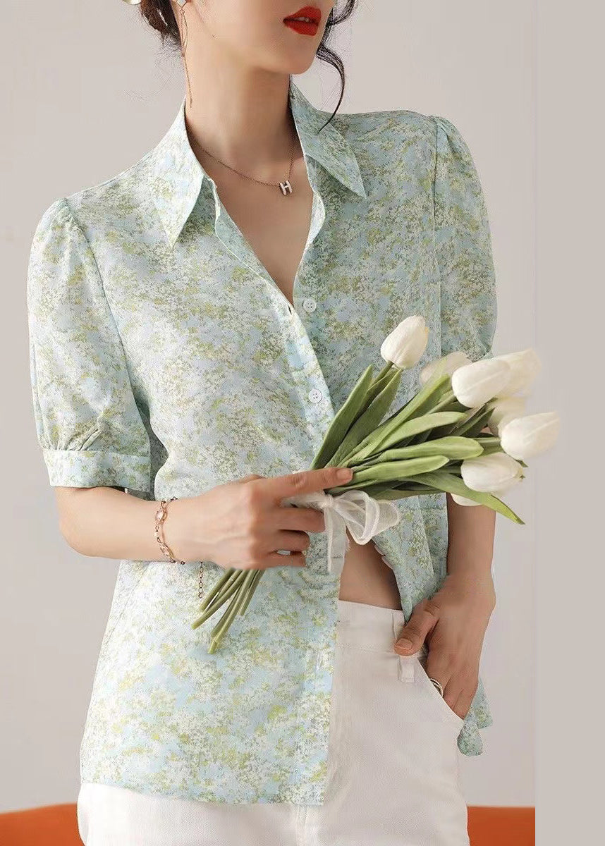 Boutique Light Green Print Cotton Shirt Tops Summer