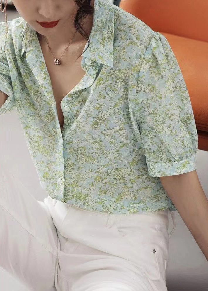 Boutique Light Green Print Cotton Shirt Tops Summer