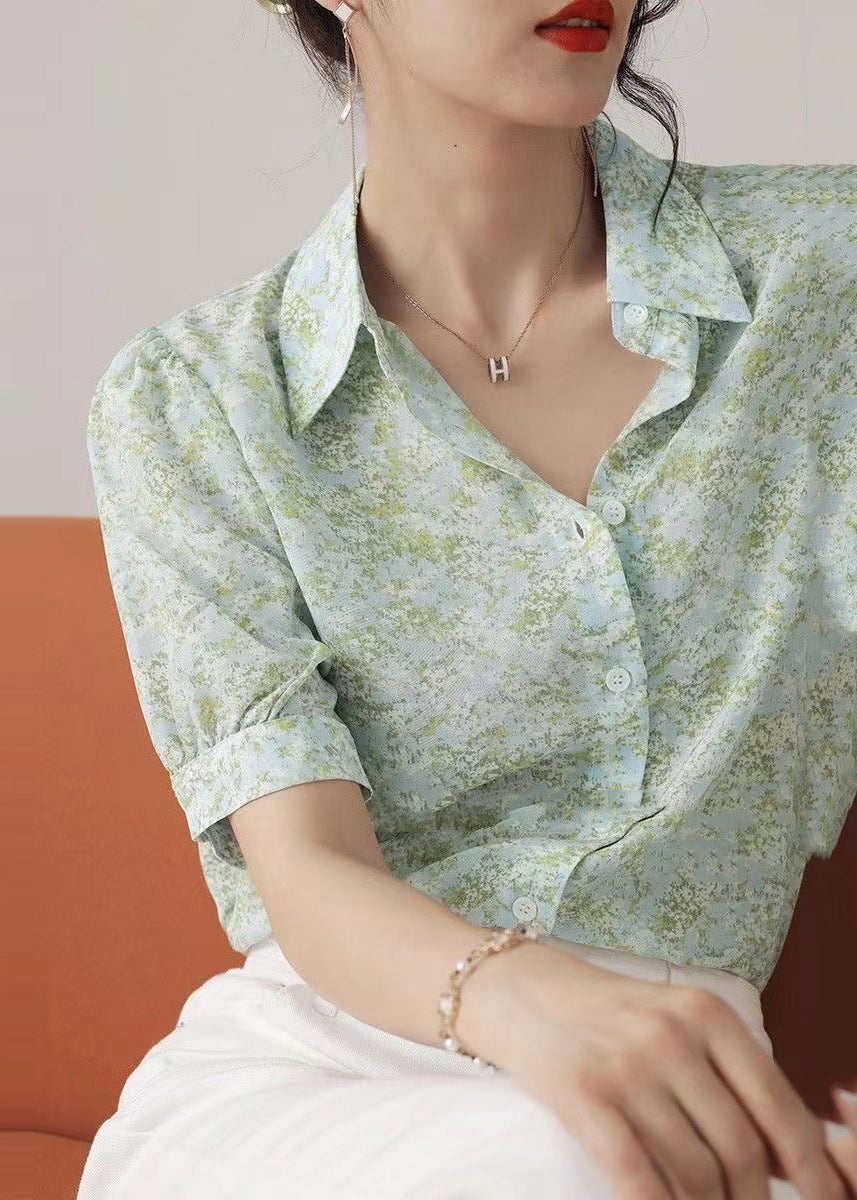 Boutique Light Green Print Cotton Shirt Tops Summer