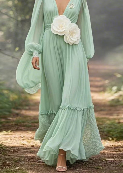 Boutique Light Green Ruffled Floral Patchwork Chiffon Maxi Dresses Spring