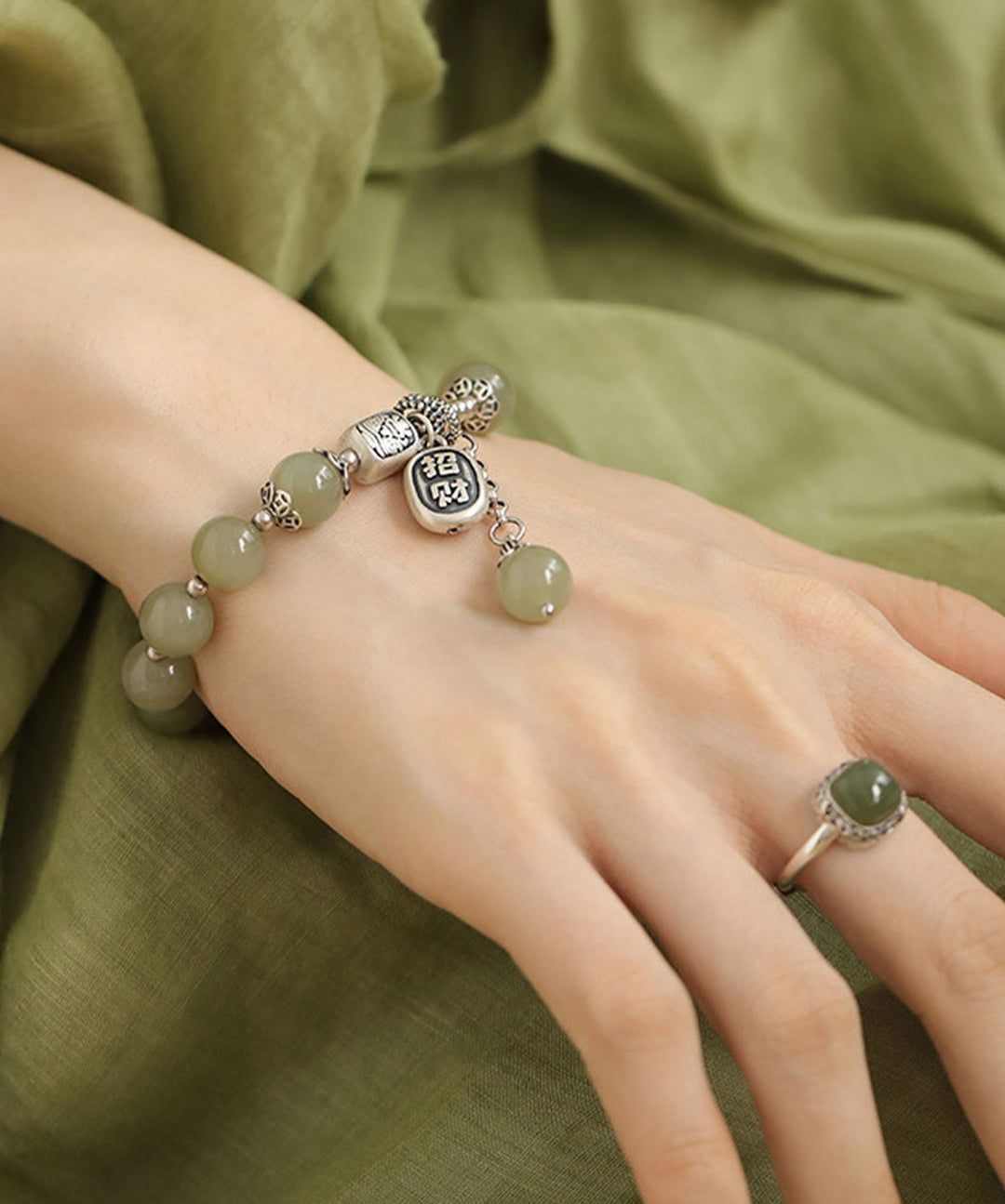 Boutique Light Green Sterling Silver Jade Charm Bracelet And Rings Two Piece Set Charm Bracelet