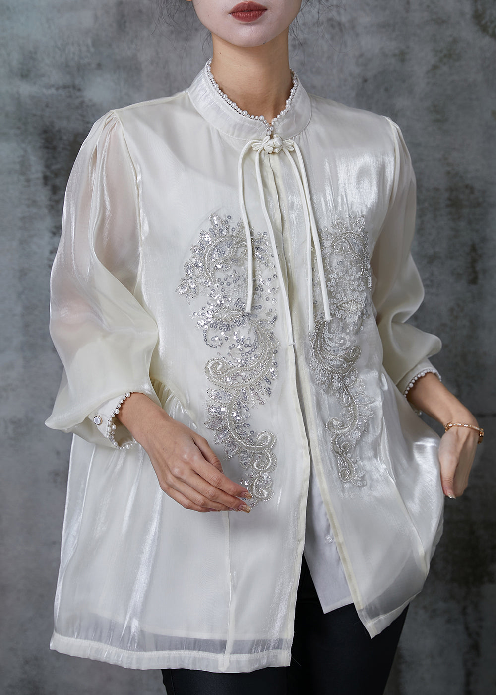 Boutique Milk White Sequins Chiffon Oriental Shirts Summer
