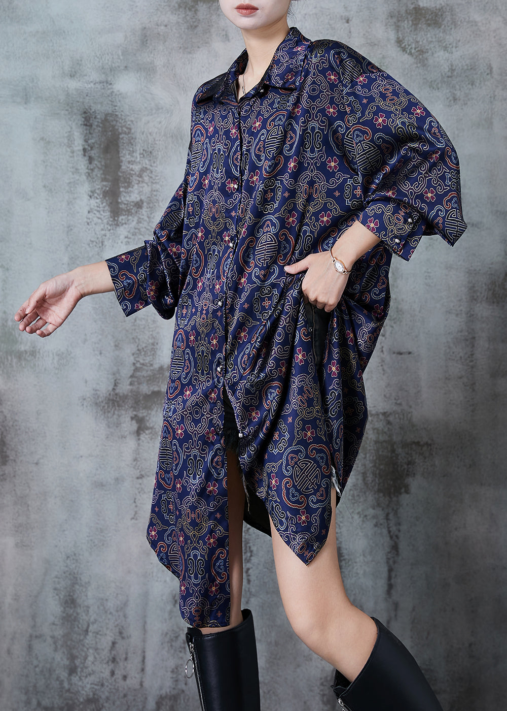 Boutique Navy Oversized Print Silk Shift Dress Spring