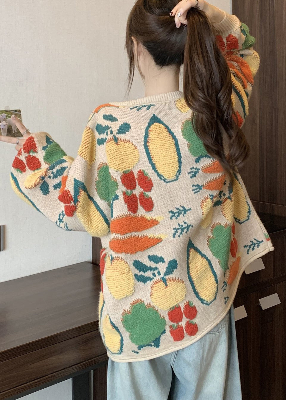 Boutique O Neck Embroidered Jacquard Knit Loose Cardigans Winter