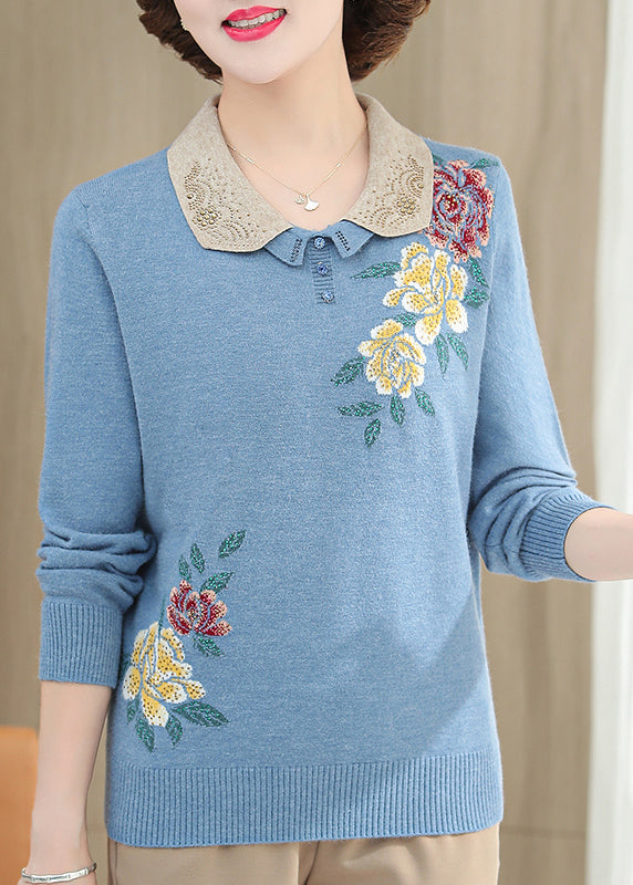 Boutique Pink Peter Pan Collar Zircon Floral Knit Sweaters Spring