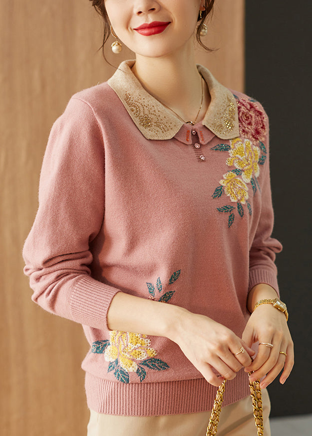 Boutique Pink Peter Pan Collar Zircon Floral Knit Sweaters Spring