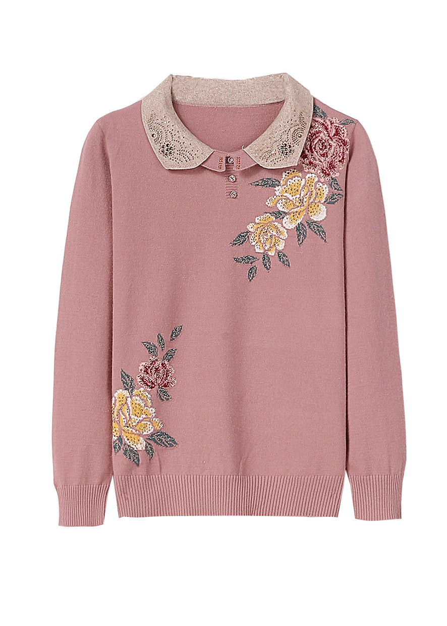 Boutique Pink Peter Pan Collar Zircon Floral Knit Sweaters Spring