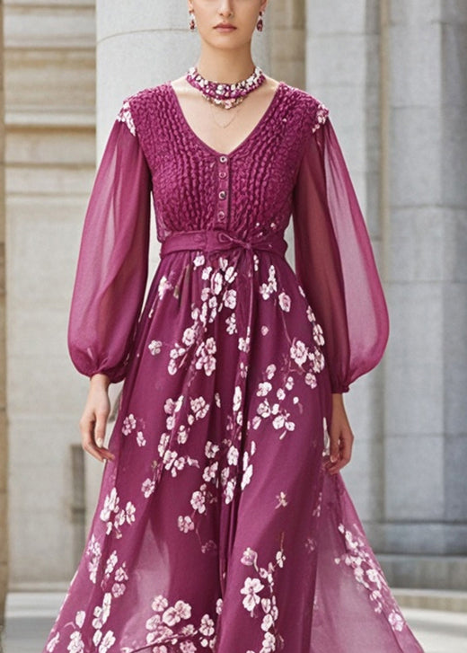 Boutique Purple Cinched Print Chiffon Long Dress Fall