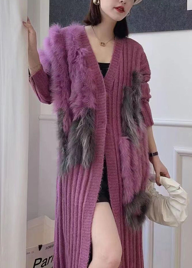 Boutique Purple Fox Fur Patchwork Knit Cardigans Fall