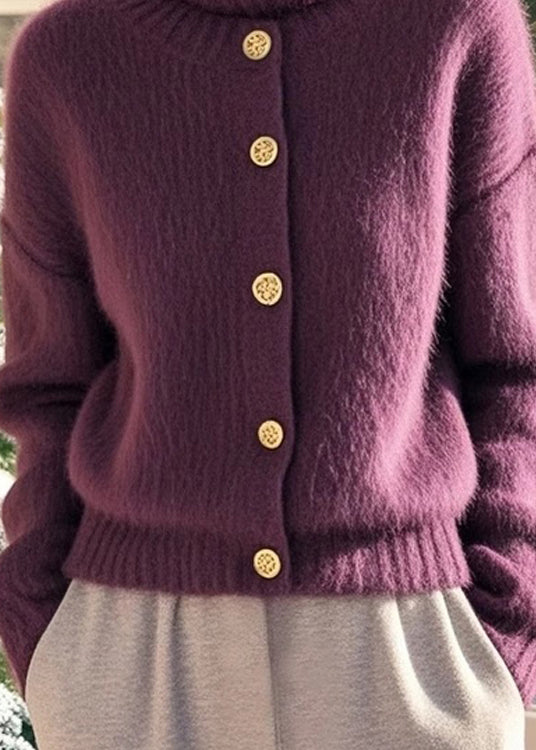 Boutique Purple Hign Neck Button Woolen Knit Sweaters Spring