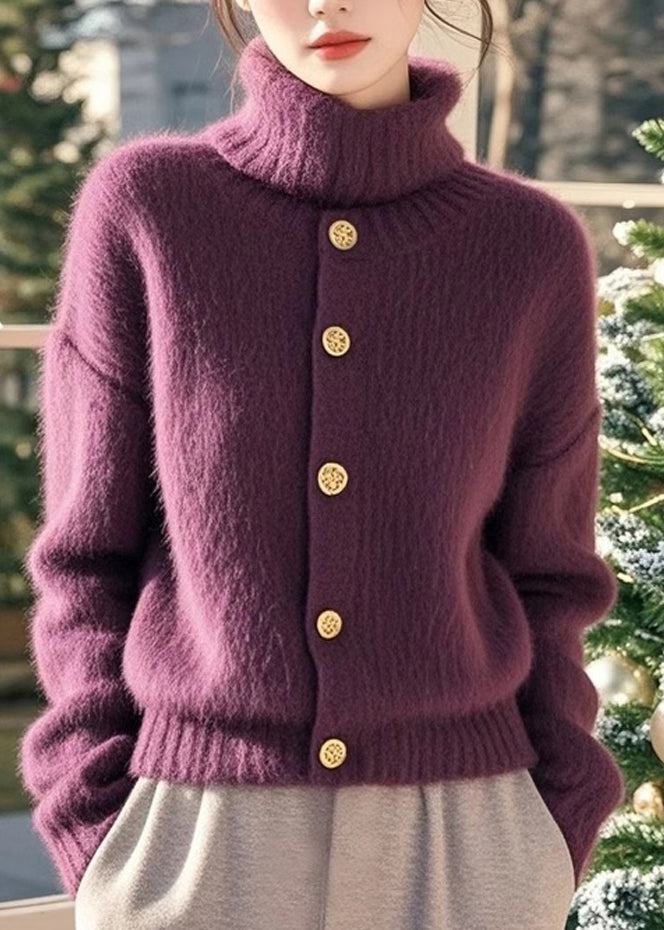 Boutique Purple Hign Neck Button Woolen Knit Sweaters Spring