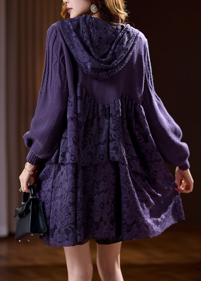 Boutique Purple Knit Patchwork Hooded Mid Dress Spring