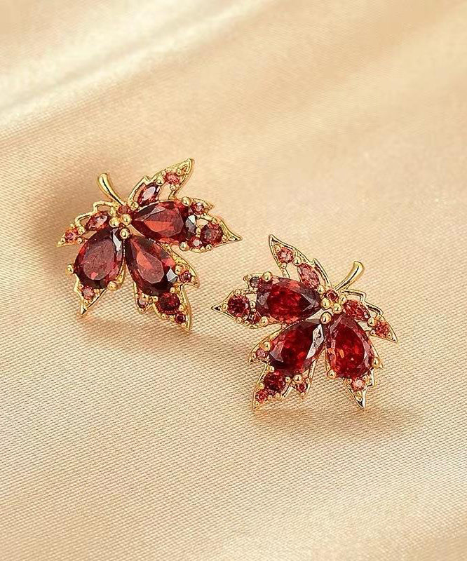 Boutique Red Alloy Zircon Maple Leaf Stud Earrings