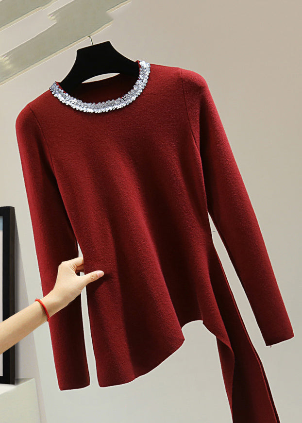 Boutique Red Asymmetrical Sequins Patchwork Cotton Knit Sweater Winter