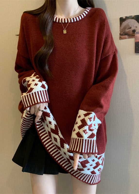 Boutique Red O Neck Jacquard Patchwork Knit Sweater Winter