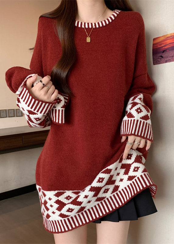 Boutique Red O Neck Jacquard Patchwork Knit Sweater Winter