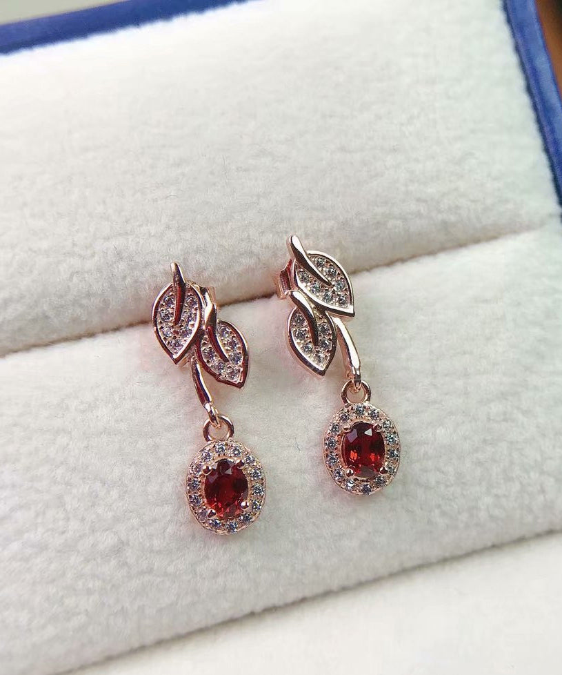 Boutique Red Sterling Silver Inlaid Gem Stone Hollow Out Drop Earrings