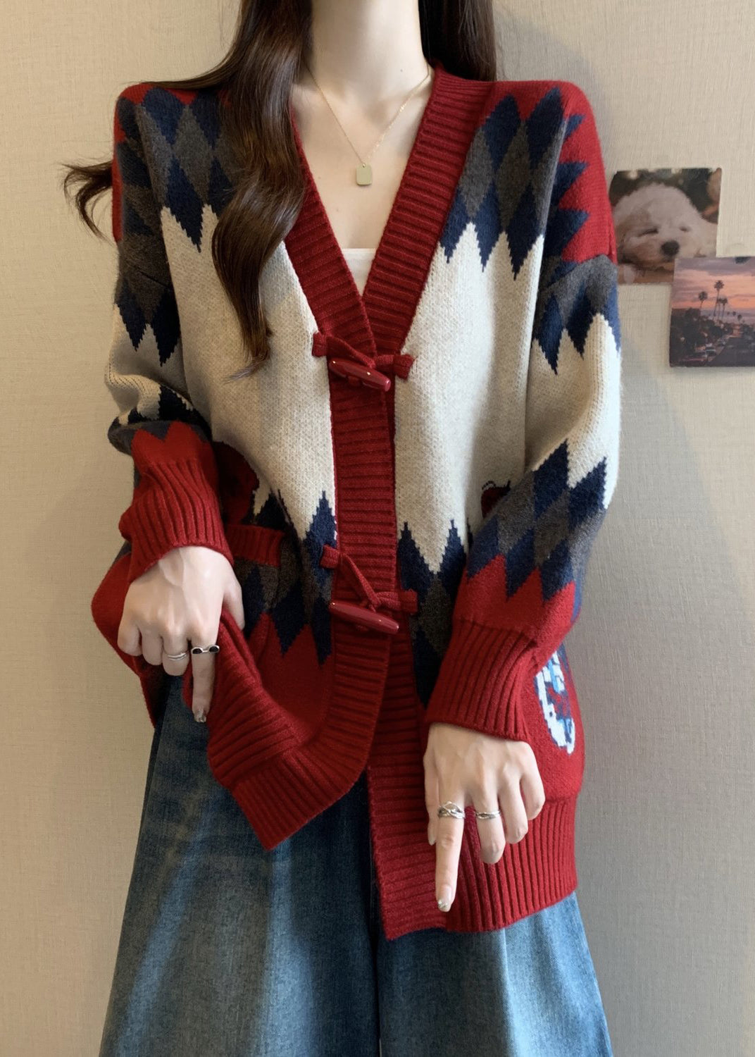 Boutique Red V Neck Bull Horn Buckle Knit Cardigans Winter