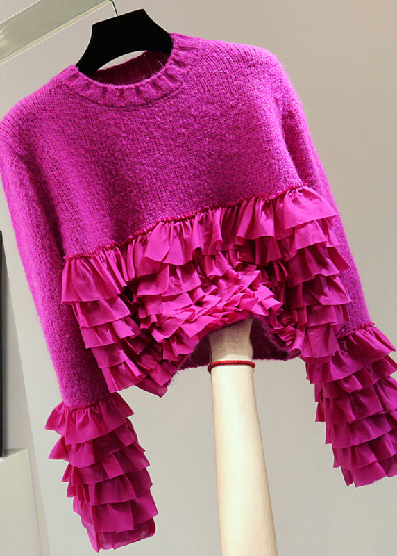 Boutique Rose Ruffled Patchwork Cotton Knitted Sweater Winter