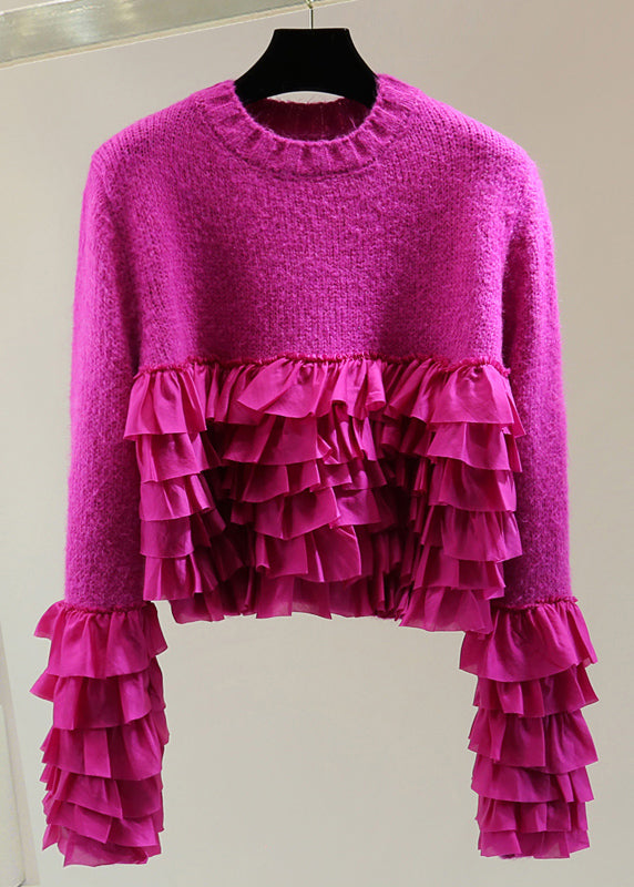 Boutique Rose Ruffled Patchwork Cotton Knitted Sweater Winter