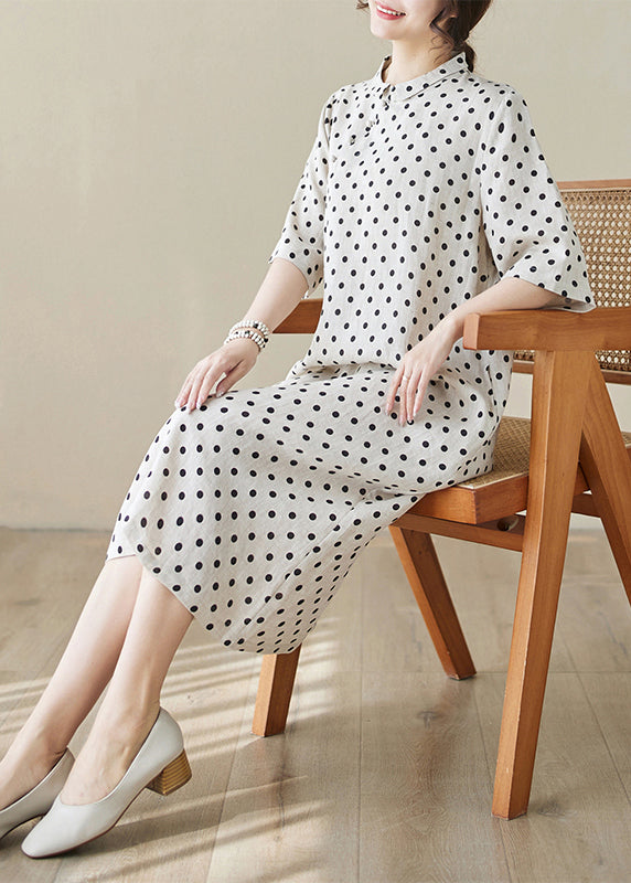 Boutique Stand Collar Dot Print Cotton Long Dress Summer