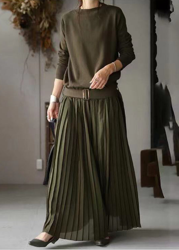 Boutique Tea Green Oversized Patchwork Knit Pleated Dress Spring