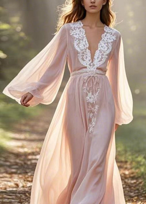 Boutique V Neck Lace Patchwork Chiffon Maxi Dresses Lantern Sleeve