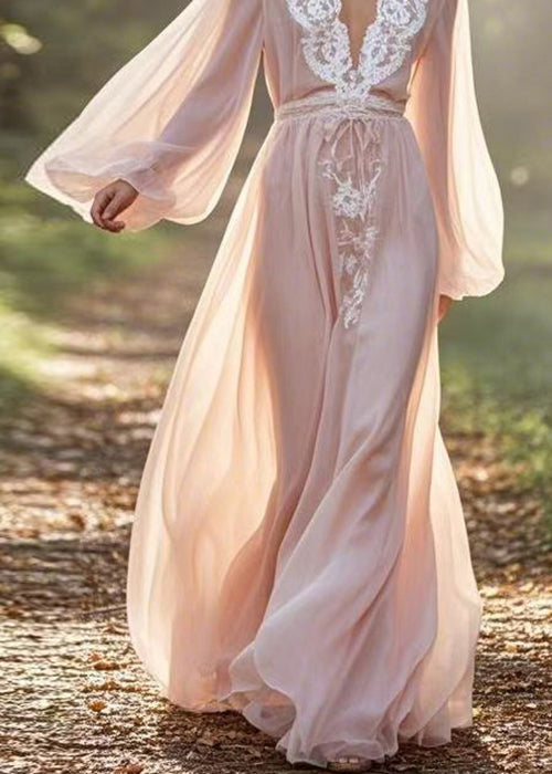 Boutique V Neck Lace Patchwork Chiffon Maxi Dresses Lantern Sleeve