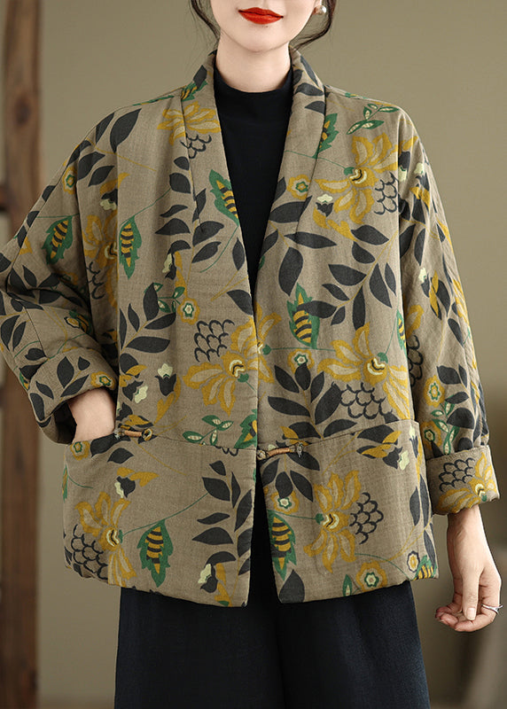 Boutique V Neck Pockets Print Fine Cotton Filled Jackets Spring