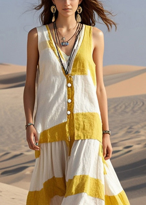 Boutique White Asymmetrical Patchwork Cotton Long Dresses Sleeveless