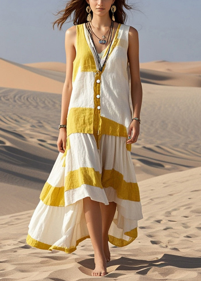 Boutique White Asymmetrical Patchwork Cotton Long Dresses Sleeveless