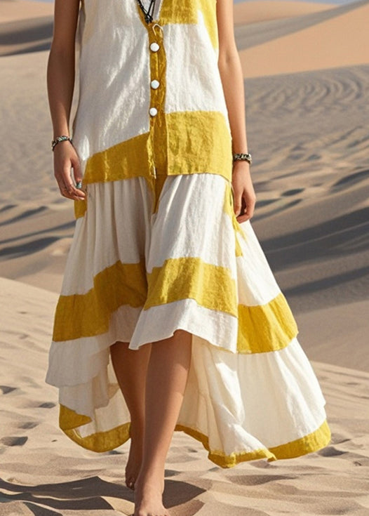 Boutique White Asymmetrical Patchwork Cotton Long Dresses Sleeveless