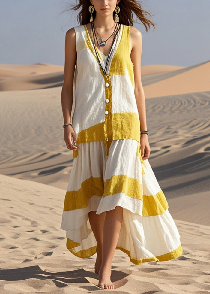 Boutique White Asymmetrical Patchwork Cotton Long Dresses Sleeveless